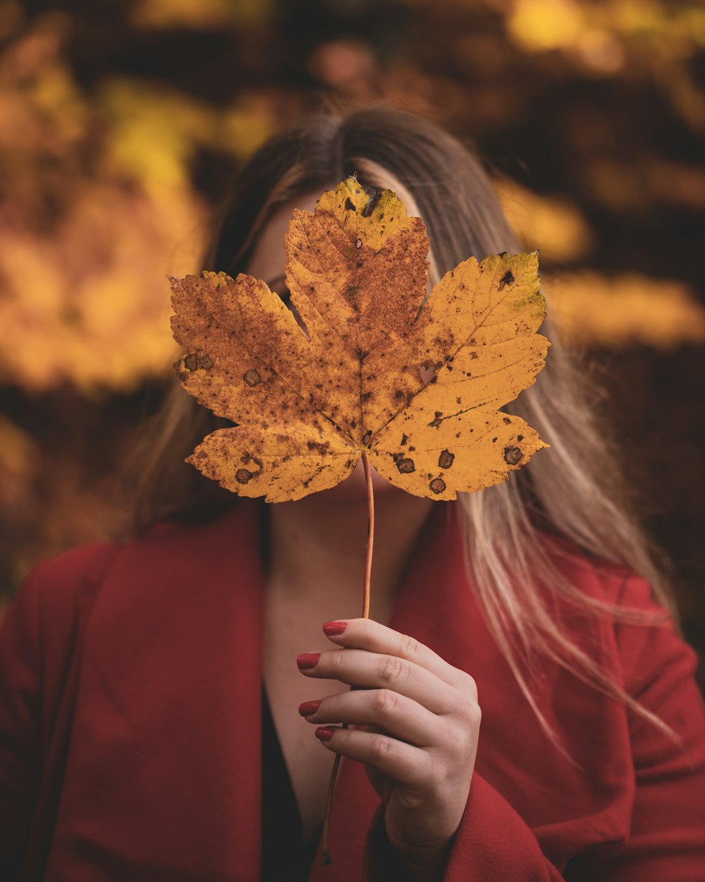Woman in a soft cream knit resting among autumn leaves